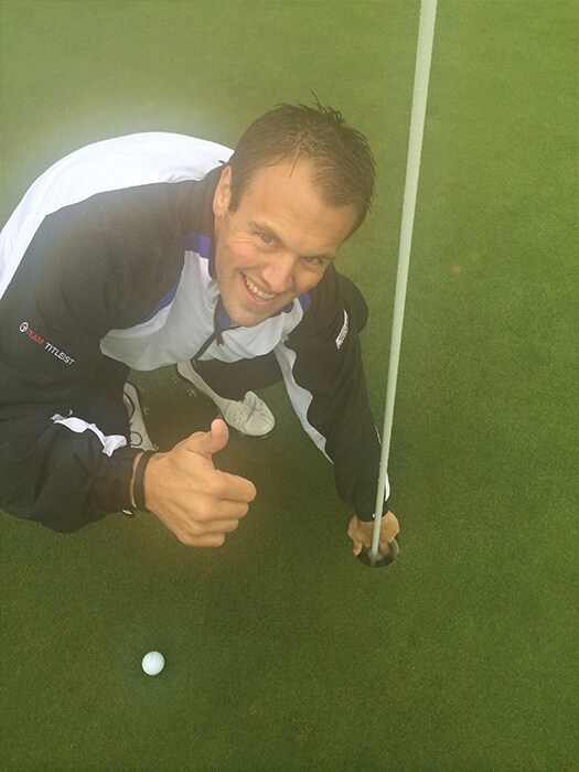 Bubba celebrating a hole-out on #4.