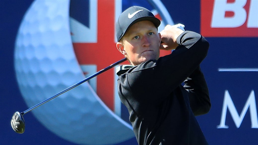 Marcus Kinhult tees of during action at the 2019 Betfred British Masters