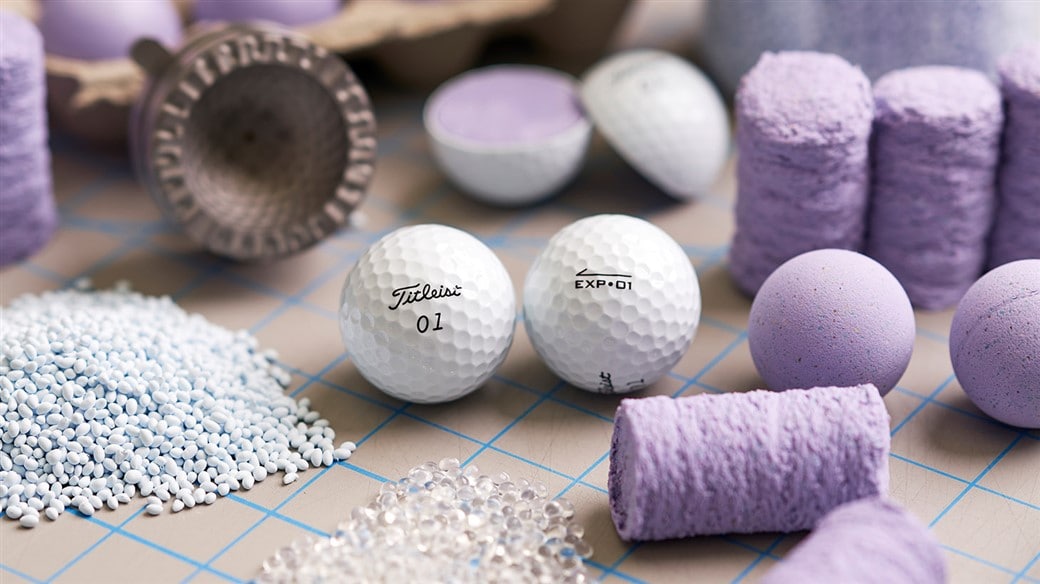 Photo of New Titleist EXP&bull;01 Golf Ball in Titleist R&D along with the component materials it is made from